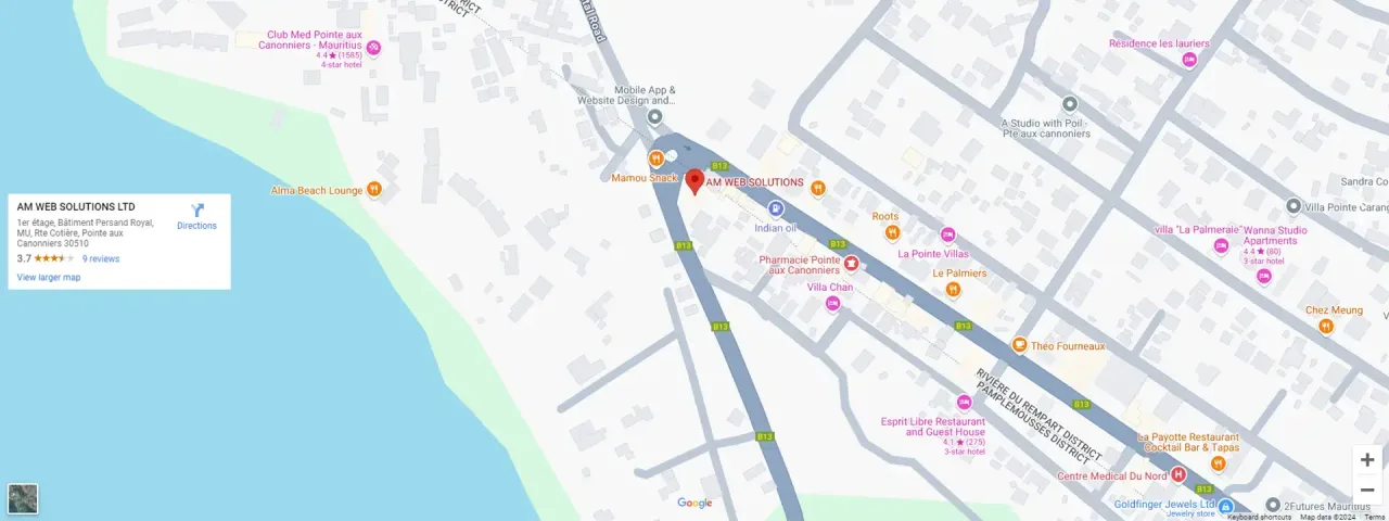 Map: AM Web Solutions offices in Pointe aux Canonniers, Mauritius (opens Google Maps)